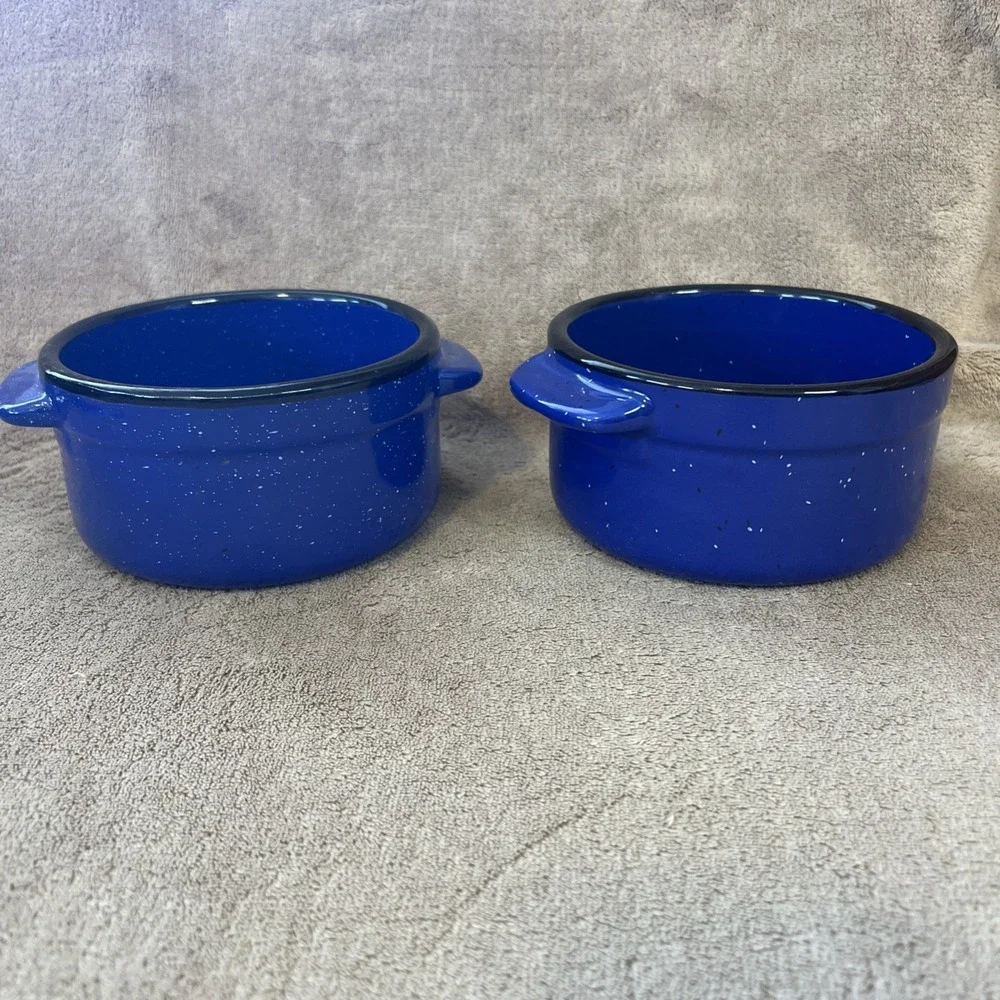 Von Pok & Chang Royal Blue Soup Bowls Stoneware‎ w/Black Rim Set of 2